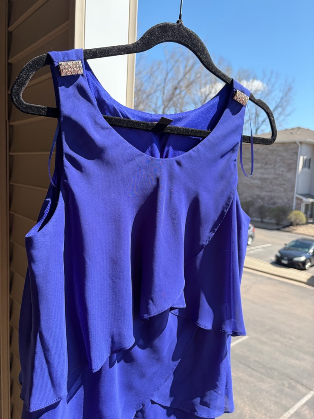 🆕🫐SLNY Blue Layered Chiffon Dress Size 6 Ruffle Cocktail Party Wedding Guest - Picture 9 of 16